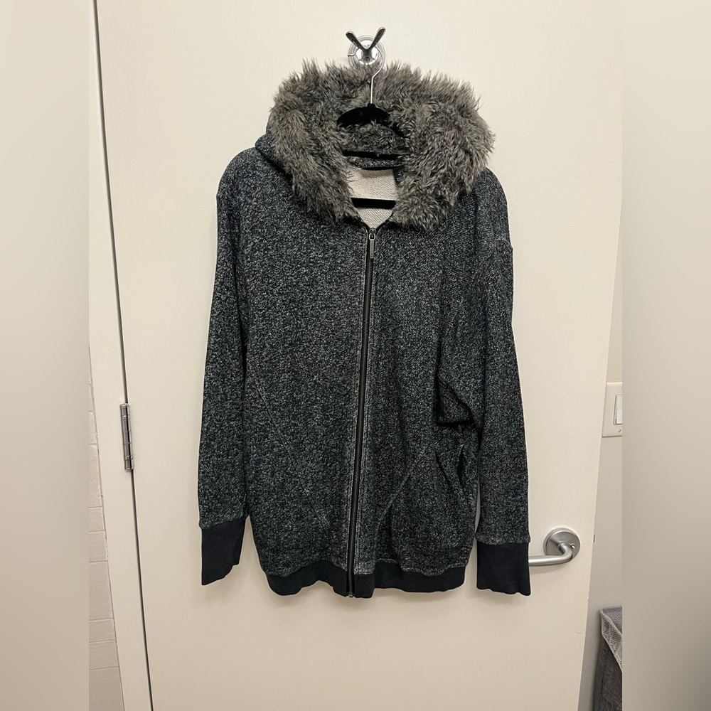 Gray Sweater with Faux Fur Hood